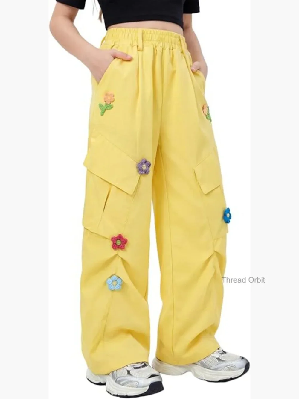 Kids Cargo Pants Y2K Wide Leg Floral Embroidery Joggers with Pockets Elastic